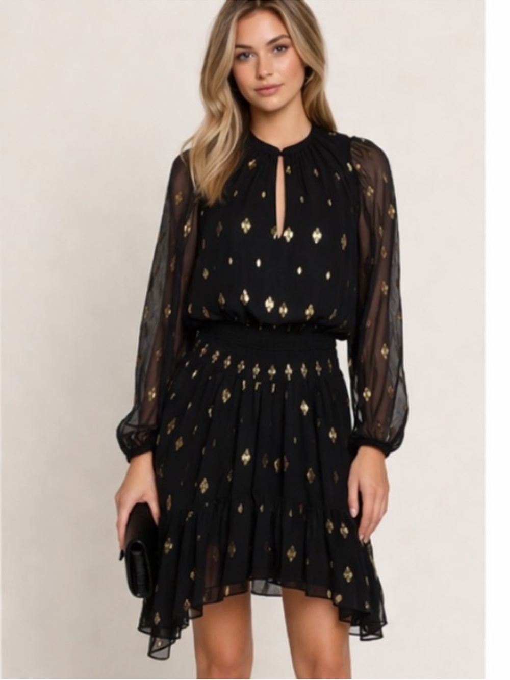 A.L.C. Sydney Silk Shirtdress Black Gold Metallic Print Ruffle Keyhole Dress 2